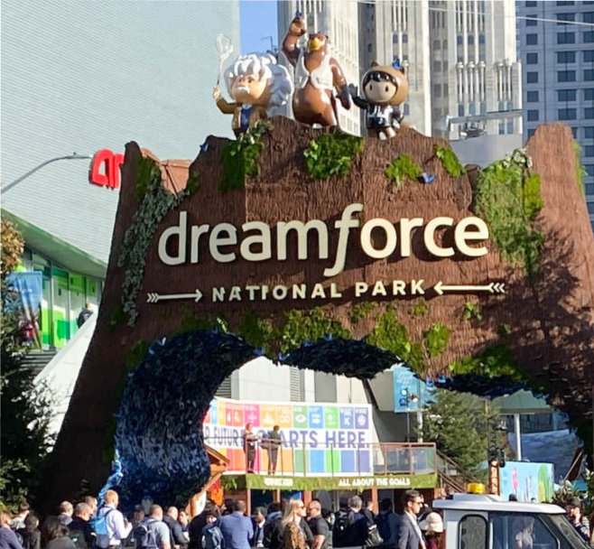 Event photo from Dreamforce conference, with Salesforce mascots standing on top a gate that says Dreamforce National Park