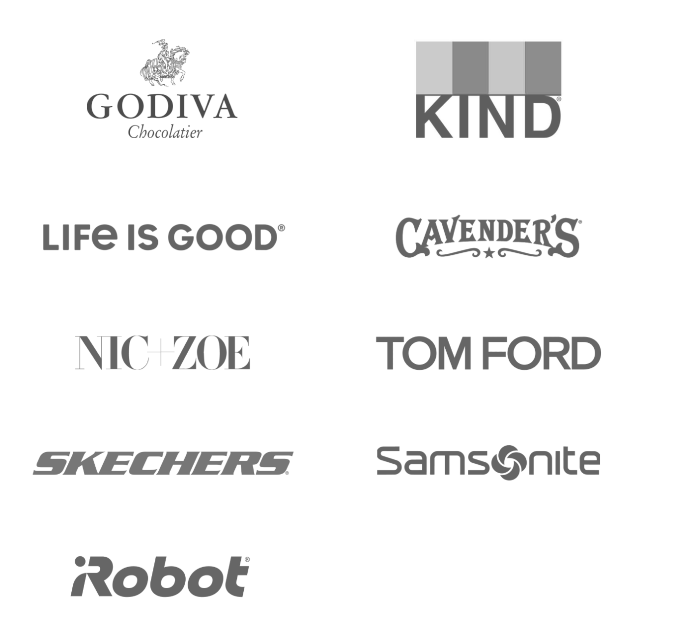 Logos for Godiva, Kind, Life is Good, Cavender's, Nic+Zoe, Tom Ford, Skechers, Samsonite, and iRobot.