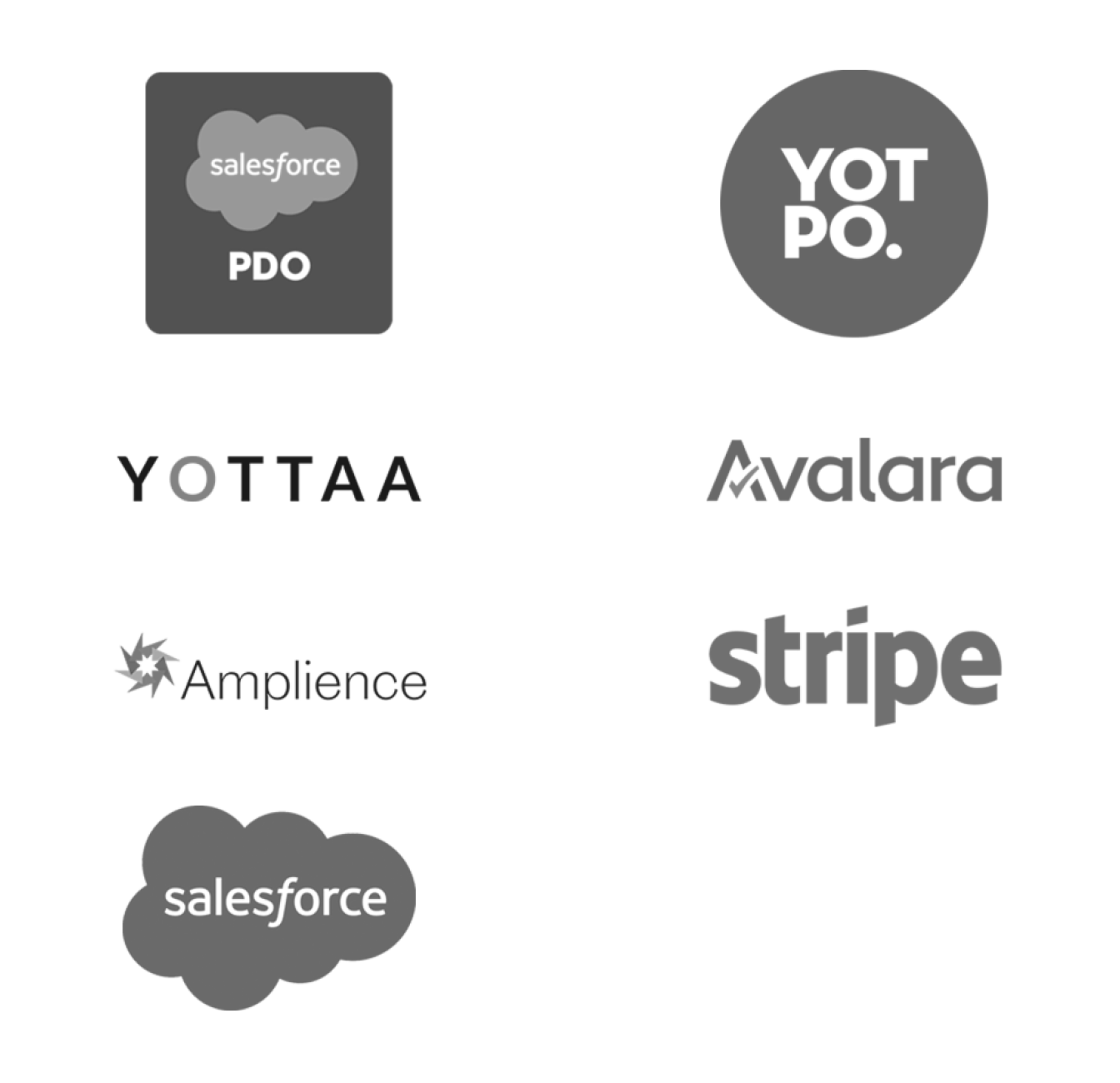 Logos for Salesforce PDO, Yotpo, Yottaa, Avalara, Amplience, Stripe, and Salesforce