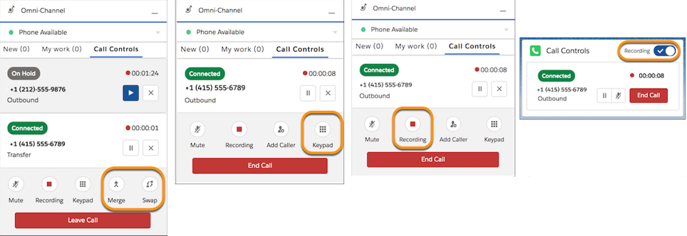 Four screens showing the call control UI changes: Merge and Swap, Keypad, Recording, Recording checkmark