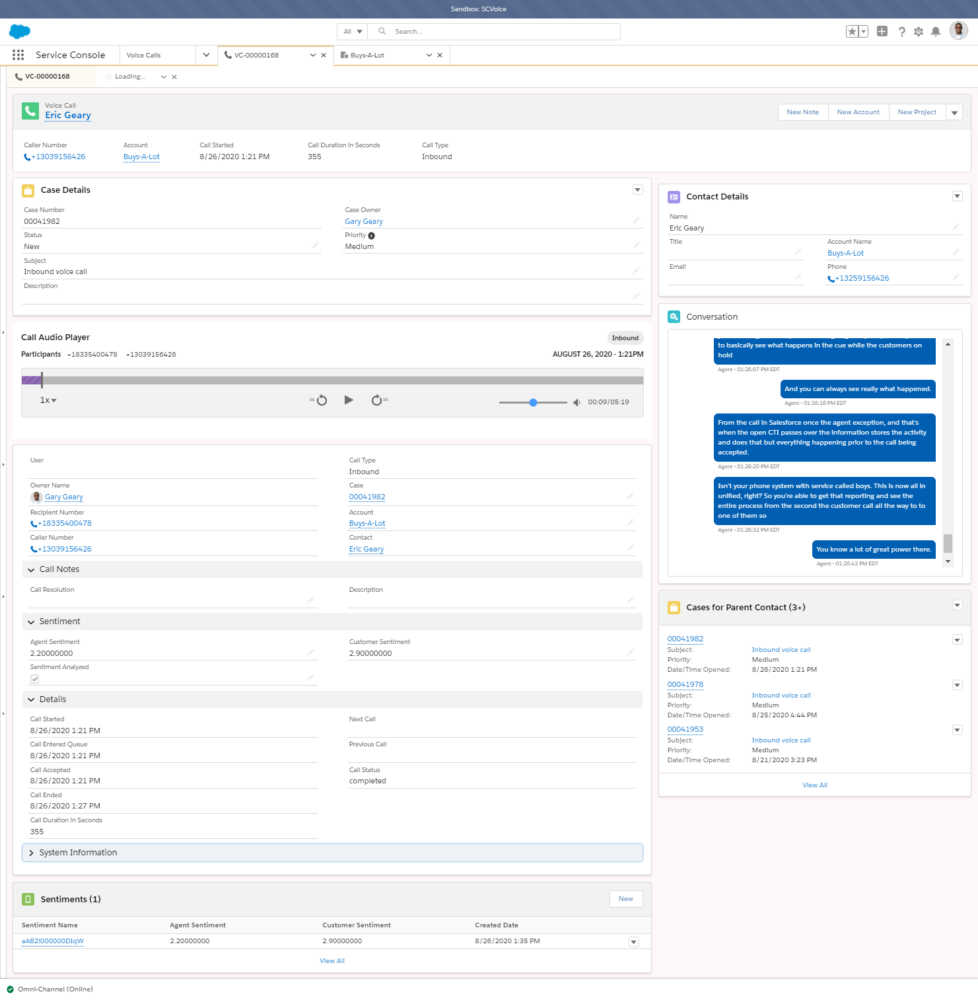 Service console screen showing case details, call audio player, call notes, sentiment, contact details, conversation log, and cases for parent contact